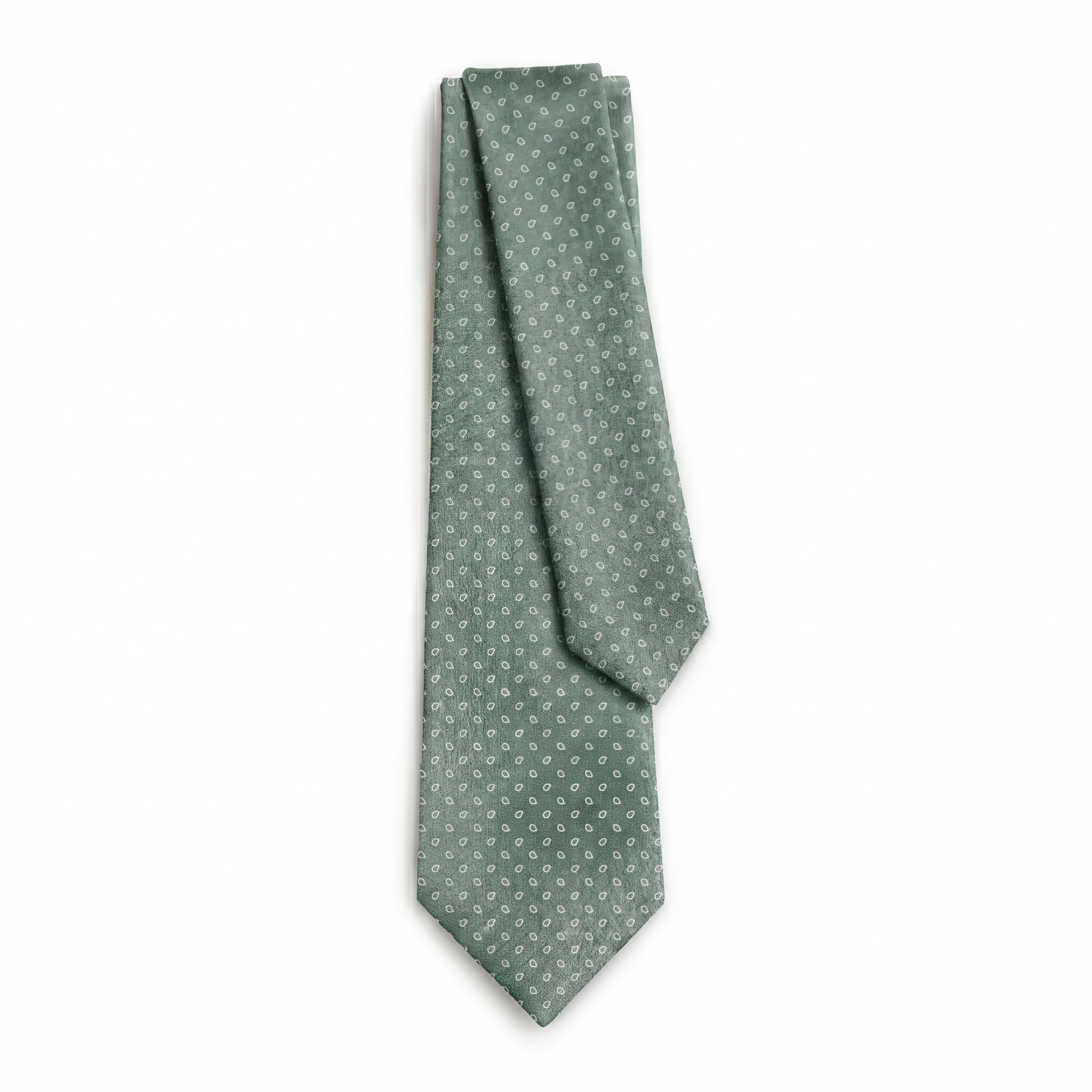 SAGE GREEN JACQUARD SILK TIE - Small paisley pattern, full tie displayed on white background