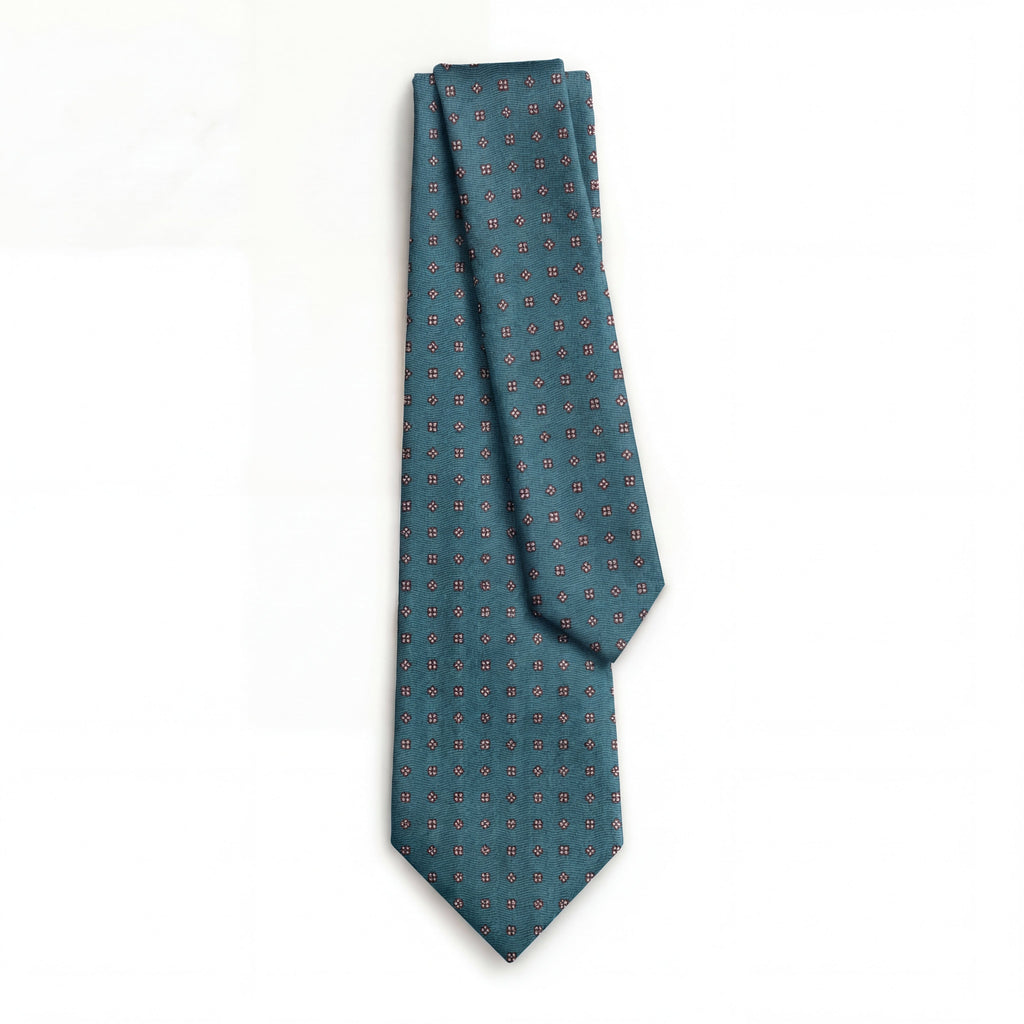 BLUE JACQUARD SILK TIE - Burgundy micro motifs, full tie displayed on white background