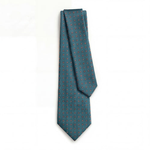 BLUE JACQUARD SILK TIE - Burgundy micro motifs, full tie displayed on white background