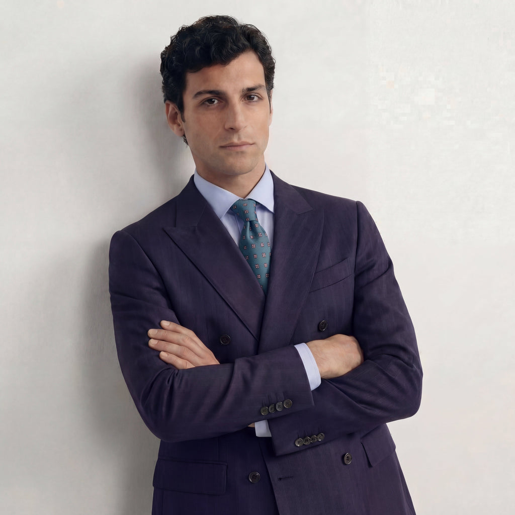 BLUE JACQUARD SILK TIE - Burgundy micro motifs, product view 5