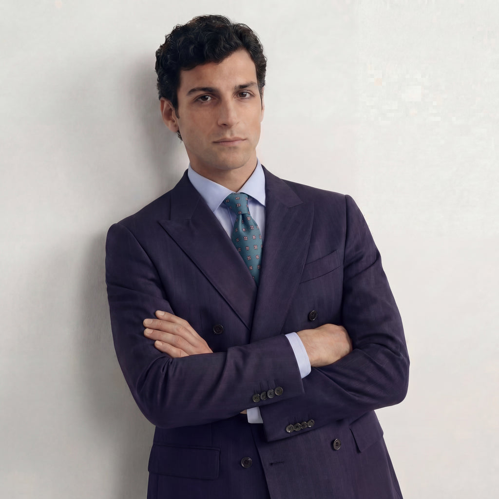 BLUE JACQUARD SILK TIE - Burgundy micro motifs, product view 5
