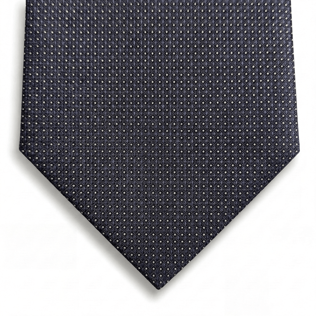 Dark Blue 5-Fold Jacquard Silk Tie - White Pin Dot - Lorenzi Como luxury silk tie