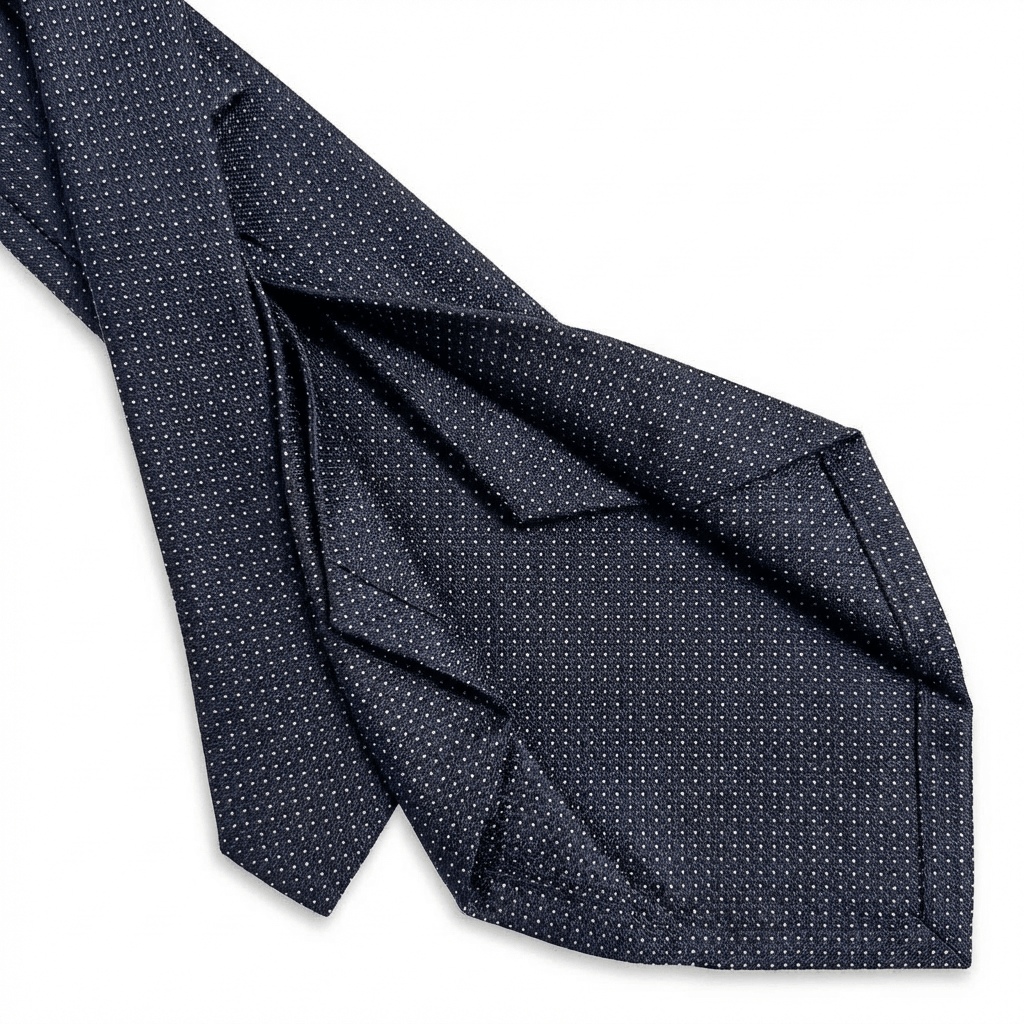 Dark Blue 5-Fold Jacquard Silk Tie - White Pin Dot - Lorenzi Como luxury silk tie