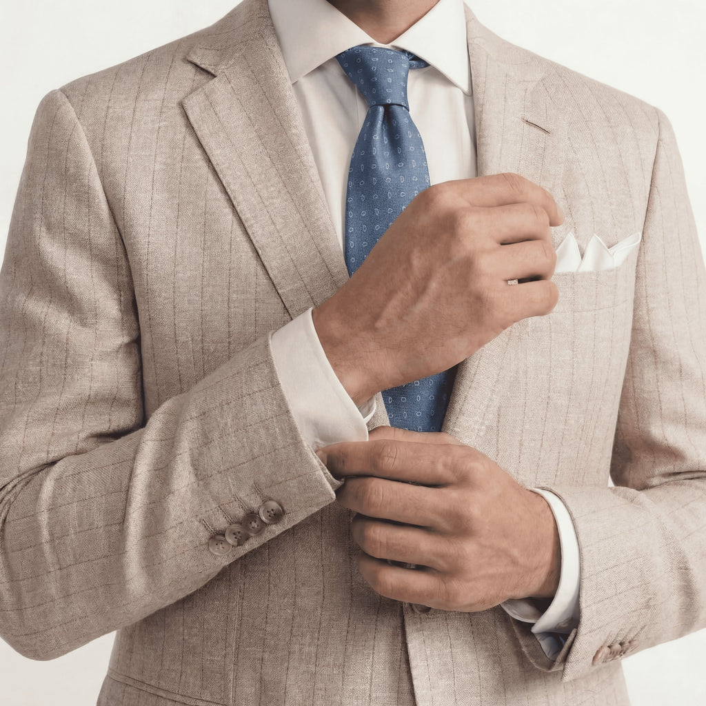 LIGHT BLUE JACQUARD SILK TIE - Micro paisley pattern, worn with a suit and shirt