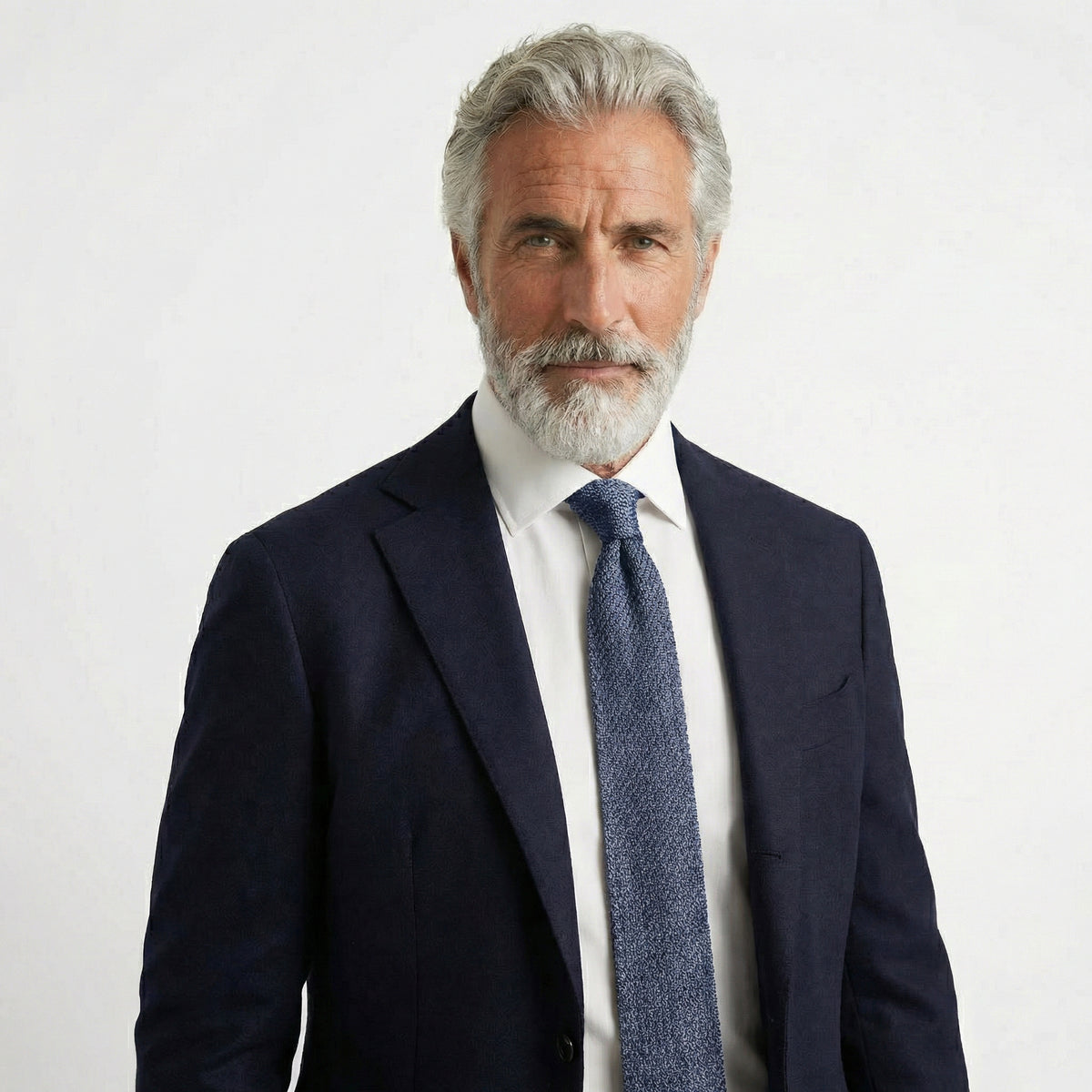 Marine Handmade 3-Fold Grenadine Silk Tie, worn with a suit and shirt