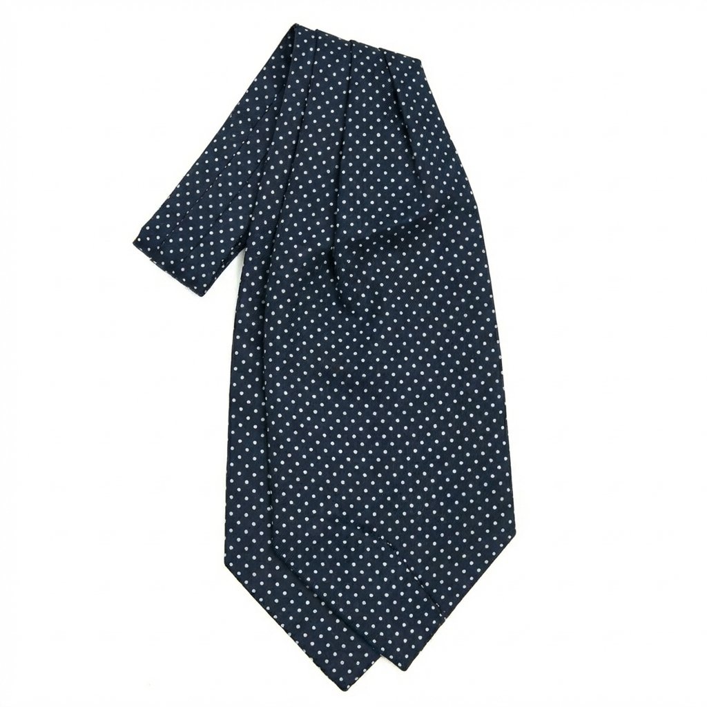 ascot blu navy in raso di seta con pois, fatto a mano a Como da Lorenzi Como