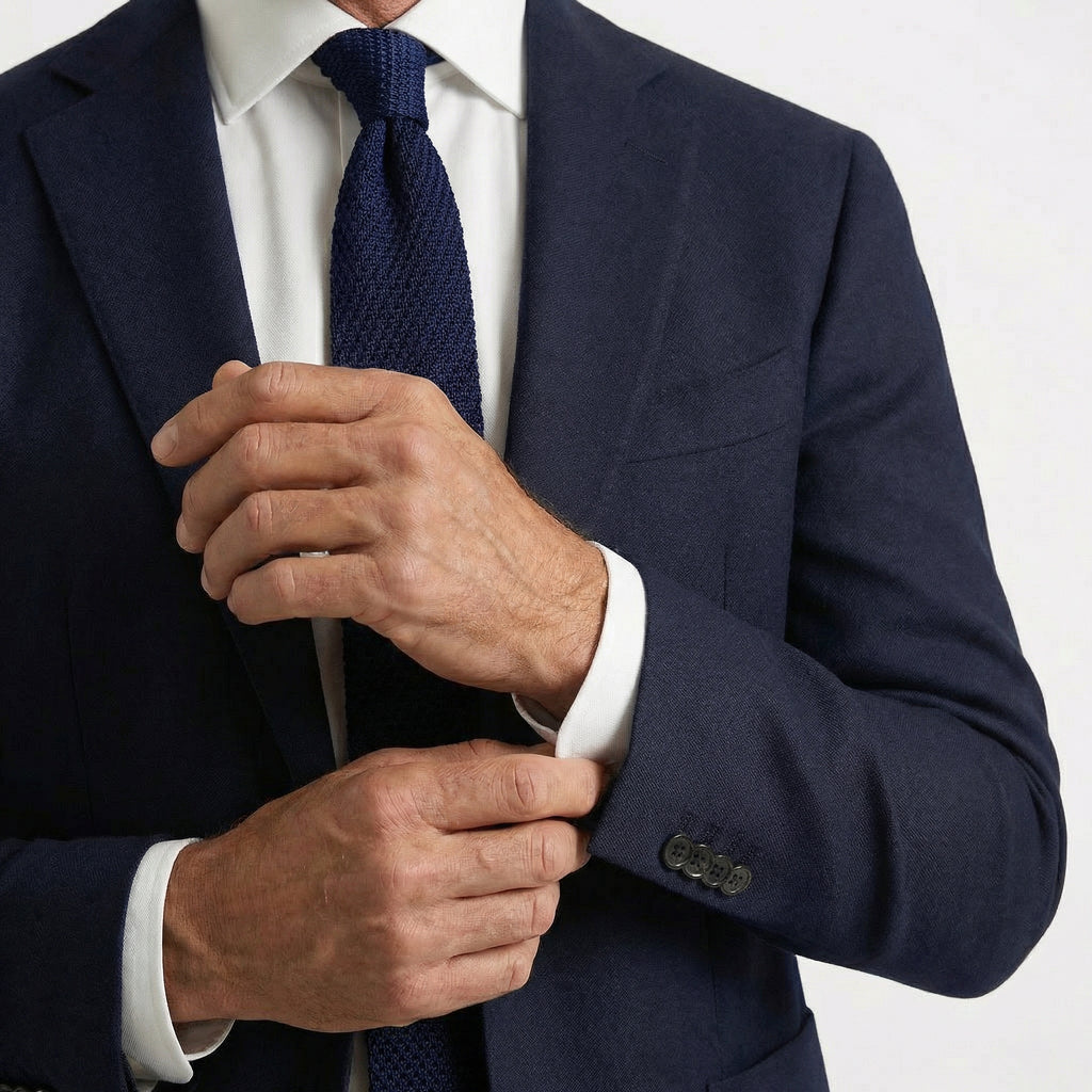 Navy Handmade 3-Fold Grenadine Silk Tie, worn with a suit and shirt