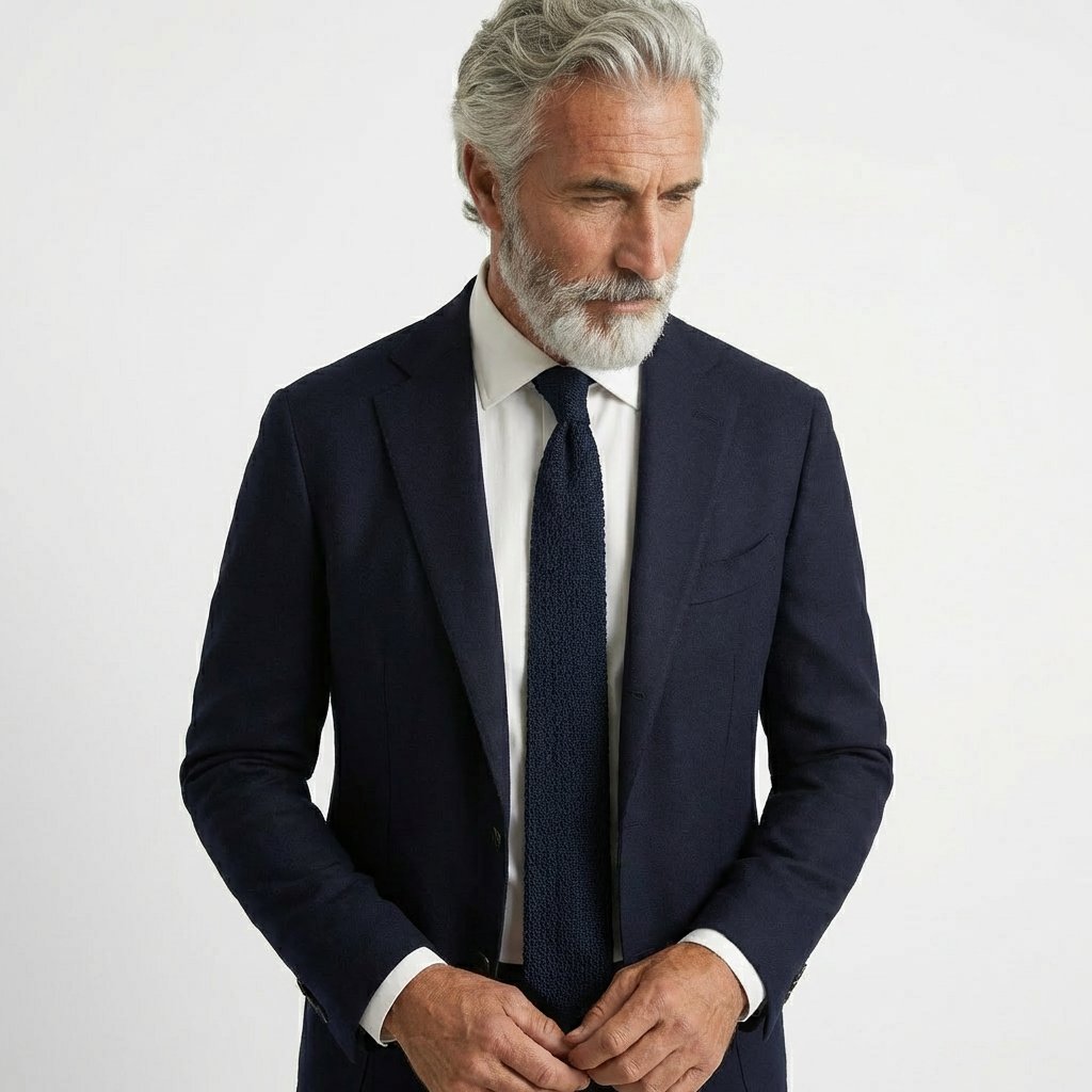 Night Handmade 3-Fold Grenadine Silk Tie, worn with a suit and shirt