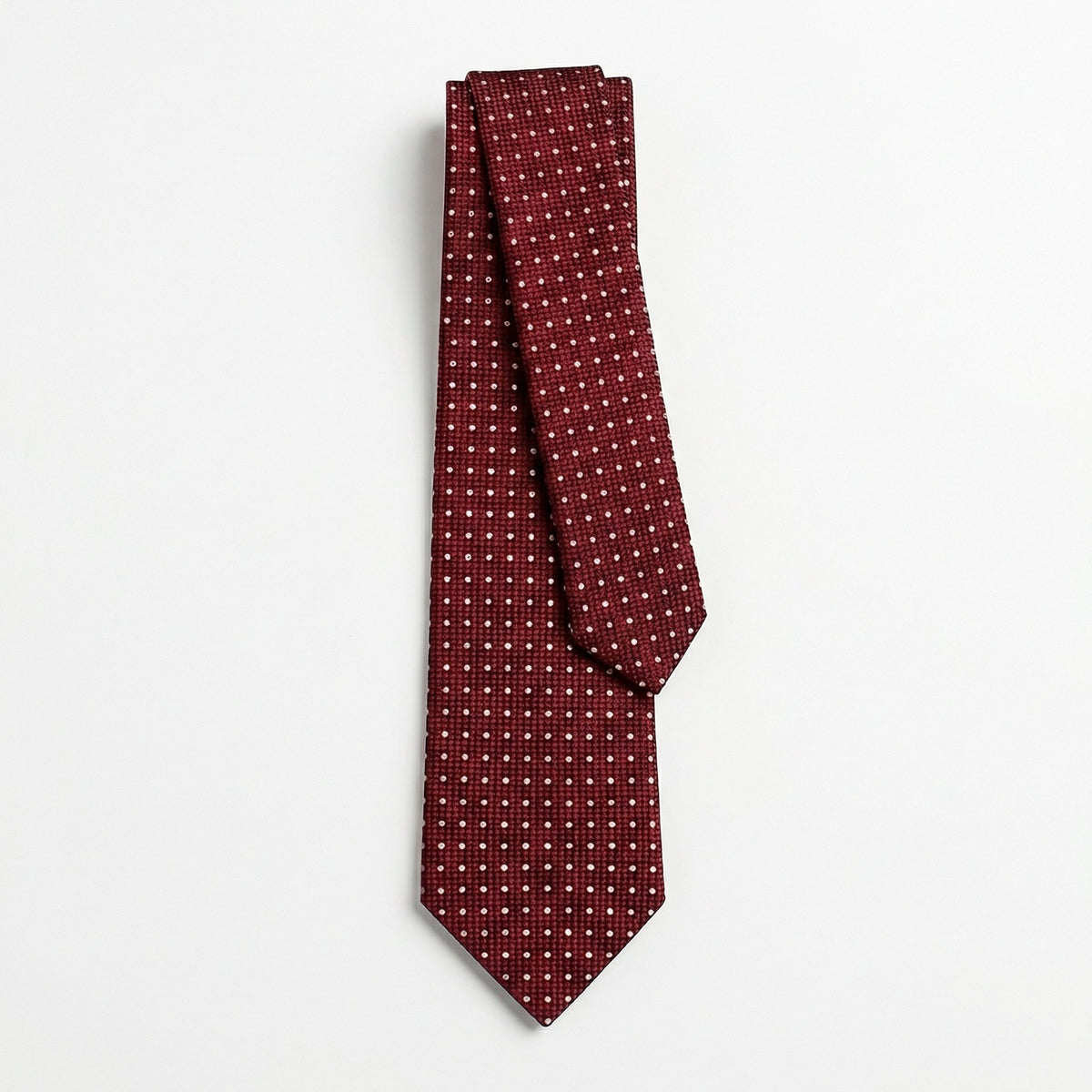 Burgundy 5-Fold Sartorial Jacquard Silk Tie, worn with a suit and shirt