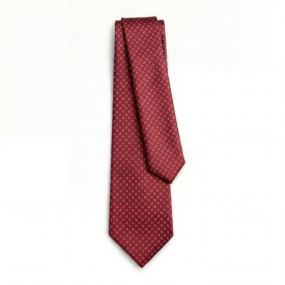 RED JACQUARD SILK TIE - Oval micro pattern, full tie displayed on white background