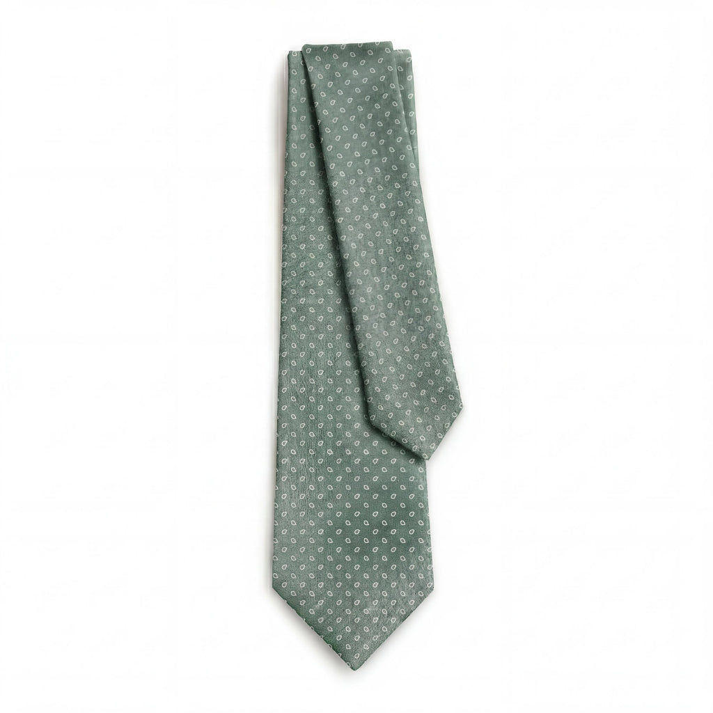 SAGE GREEN JACQUARD SILK TIE - Small paisley pattern, full tie displayed on white background