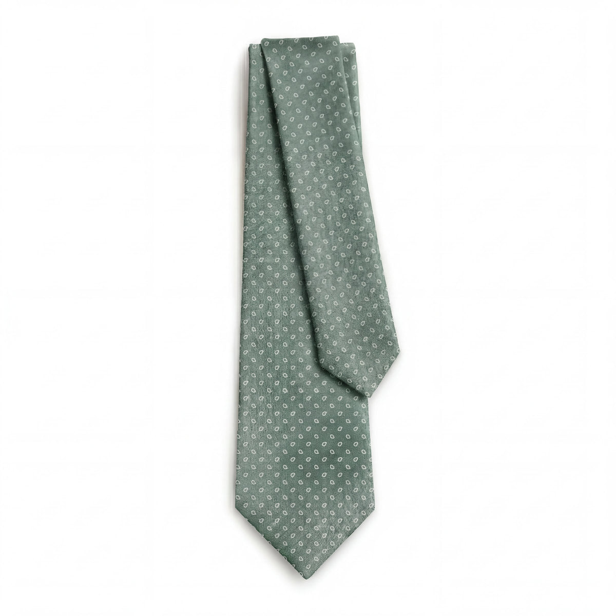 SAGE GREEN JACQUARD SILK TIE - Small paisley pattern, full tie displayed on white background